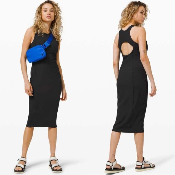 Lululemon Brunch And Back Ribbed Bodycon Open Back Midi Dress Black 4 Athleisure - Picture 1 of 14